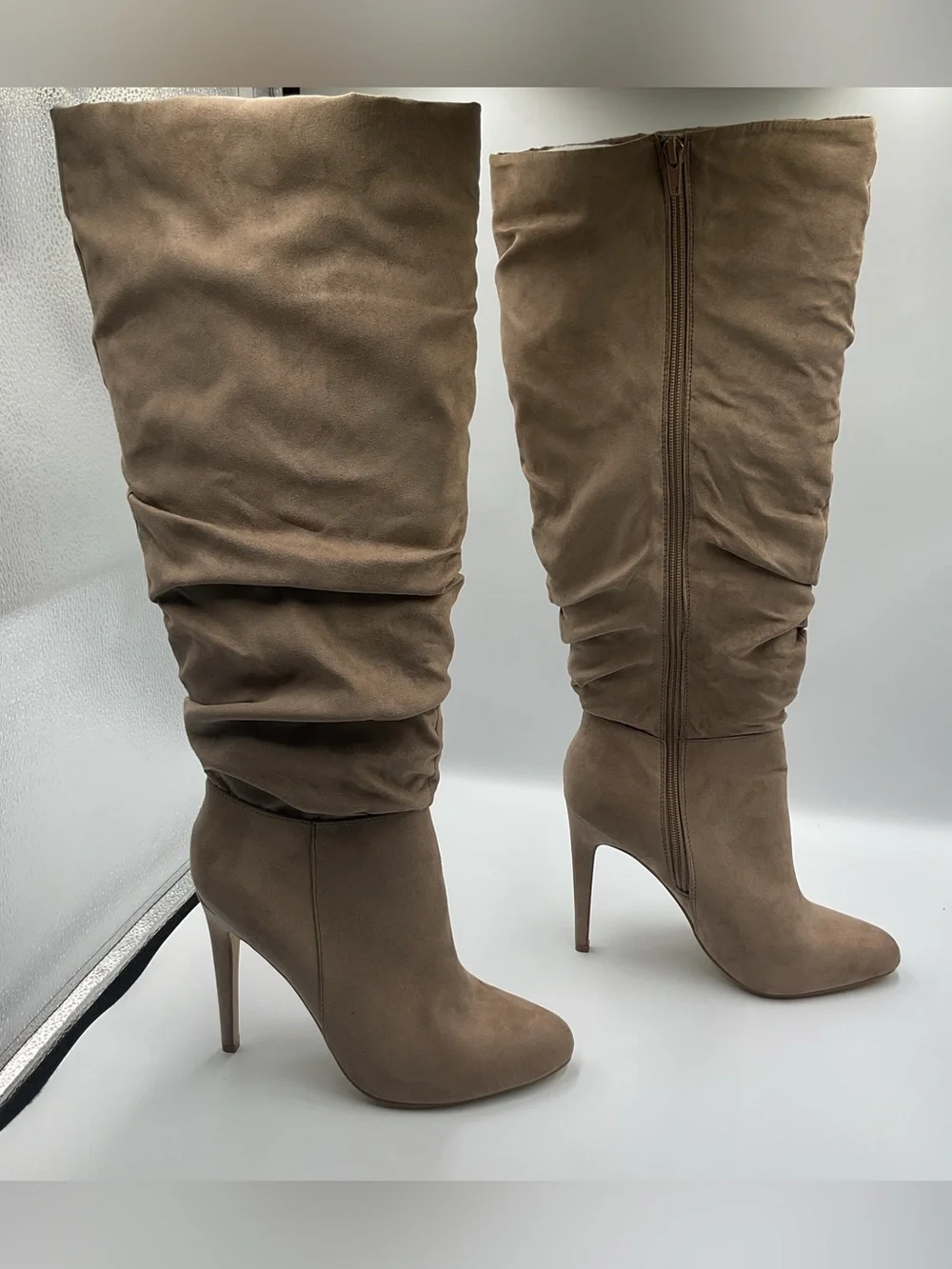 Ruched Faux Suede Knee High Slouched Boots Tan Beige Stiletto High Heel SZ 8.5